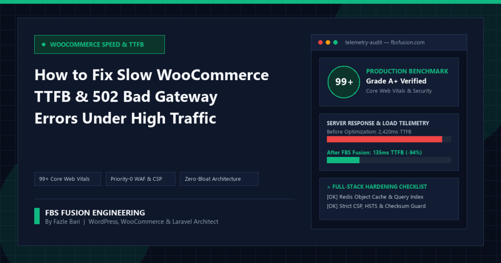 How to Fix Slow WooCommerce TTFB & 502 Bad Gateway Errors Under High Traffic — FBS Fusion Engineering Guide