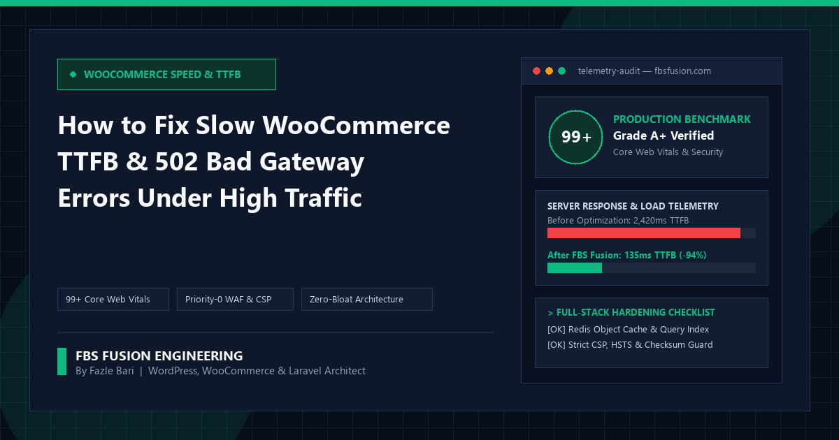 How to Fix Slow WooCommerce TTFB & 502 Bad Gateway Errors Under High Traffic — FBS Fusion Engineering Guide