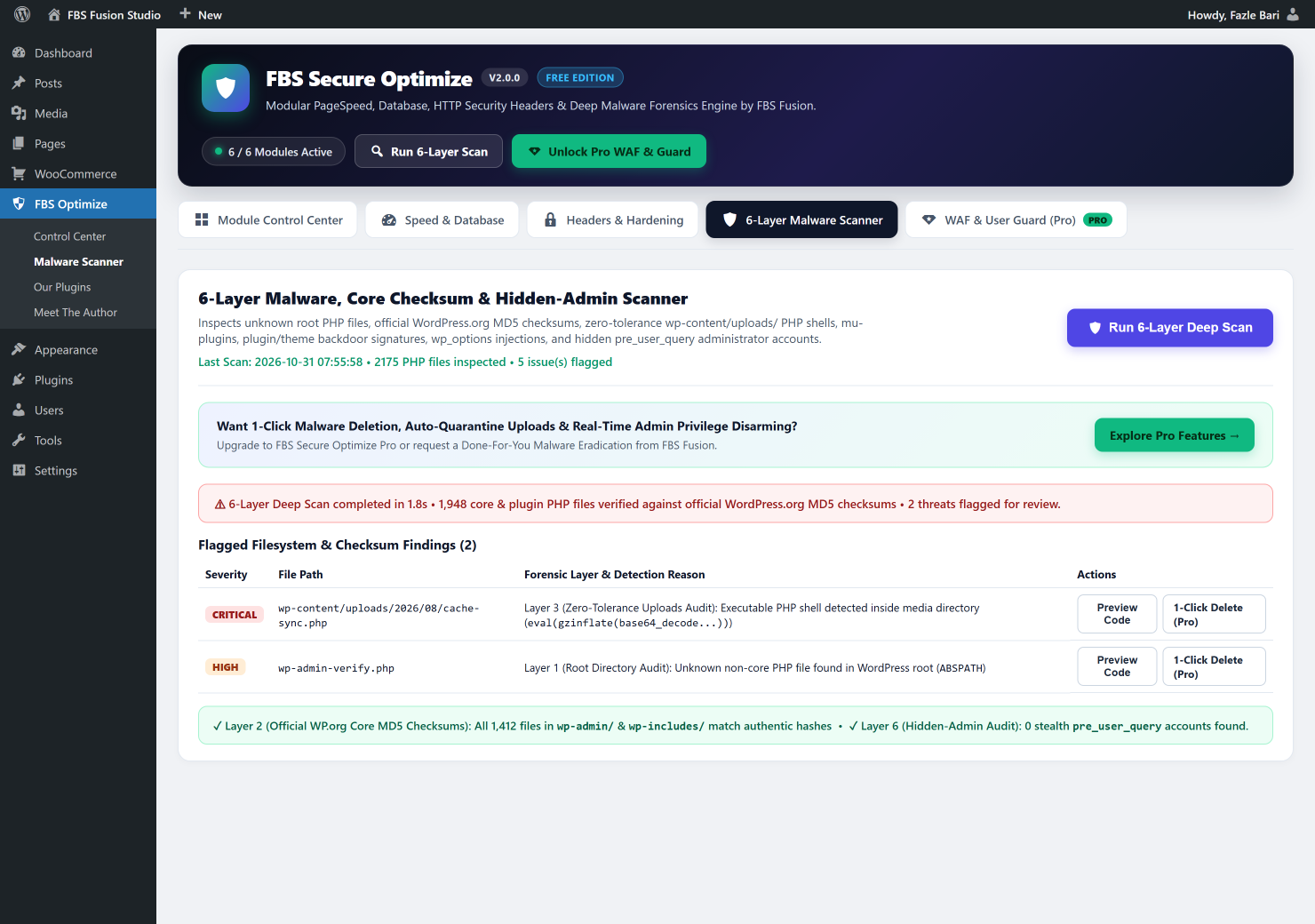 6-Layer Malware, Official WP.org Checksum and Hidden-Admin Scanner in FBS Secure Optimize 2.0
