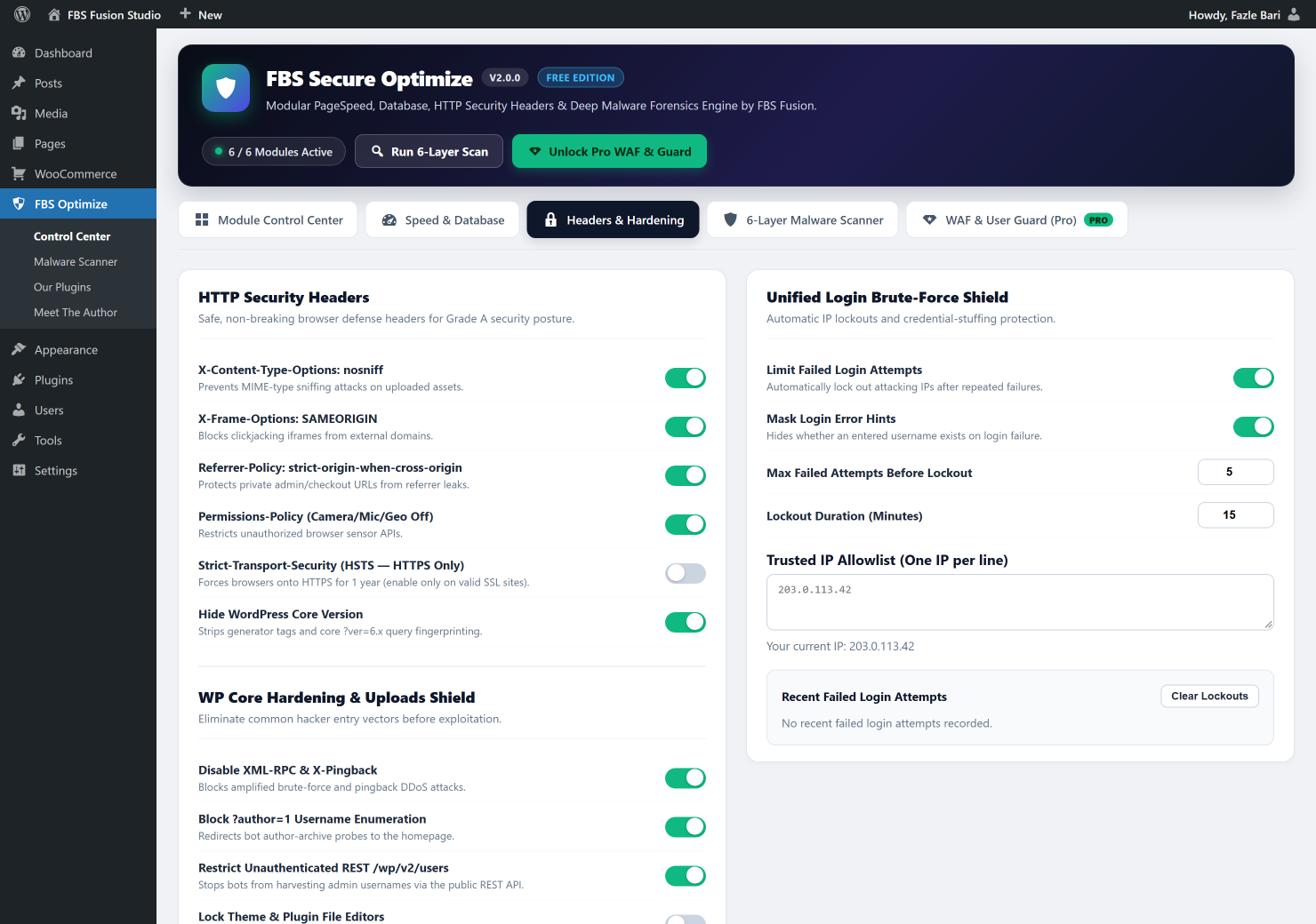 Toggleable HTTP Security Headers and Core Hardening in FBS Secure Optimize